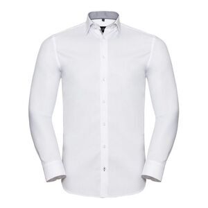 Russell Collection Mens Long Sleeve Contrast Herringbone Shirt / White/Silver